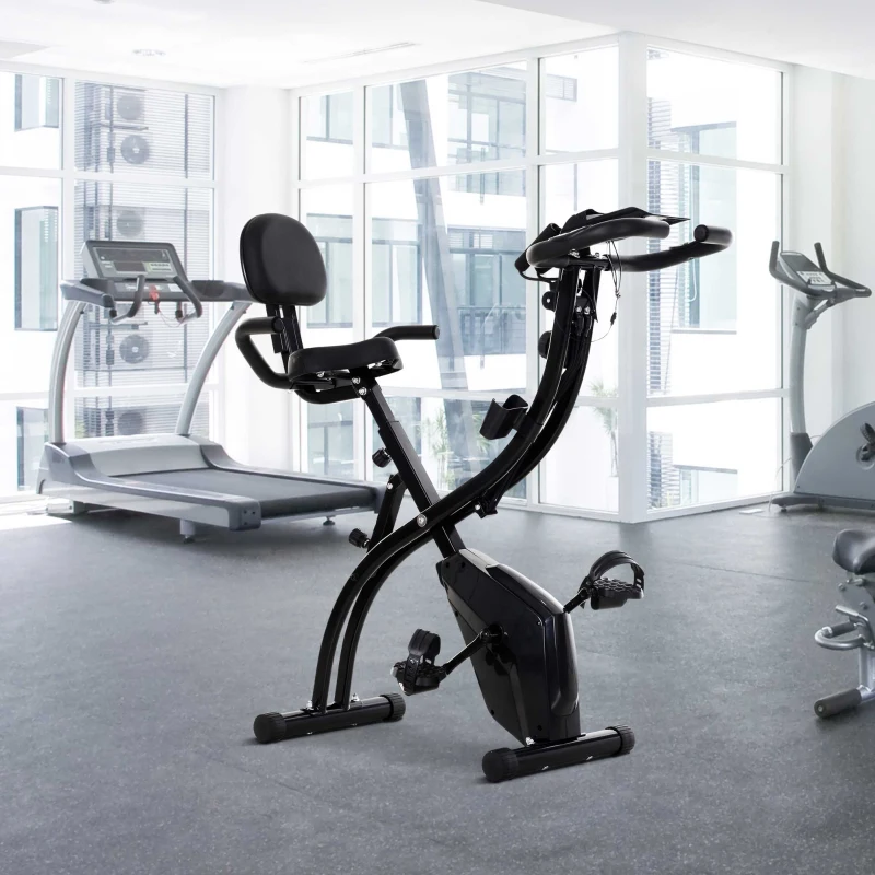 HOMCOM Vélo d'Appartement Pliable 4-en-1 - Ergomètre Magnétique Silencieux avec Cordes de Résistance - Sport Maison et Cardio-training avec Roulettes, Selle Confort et LCD (Max 120kg), Noir