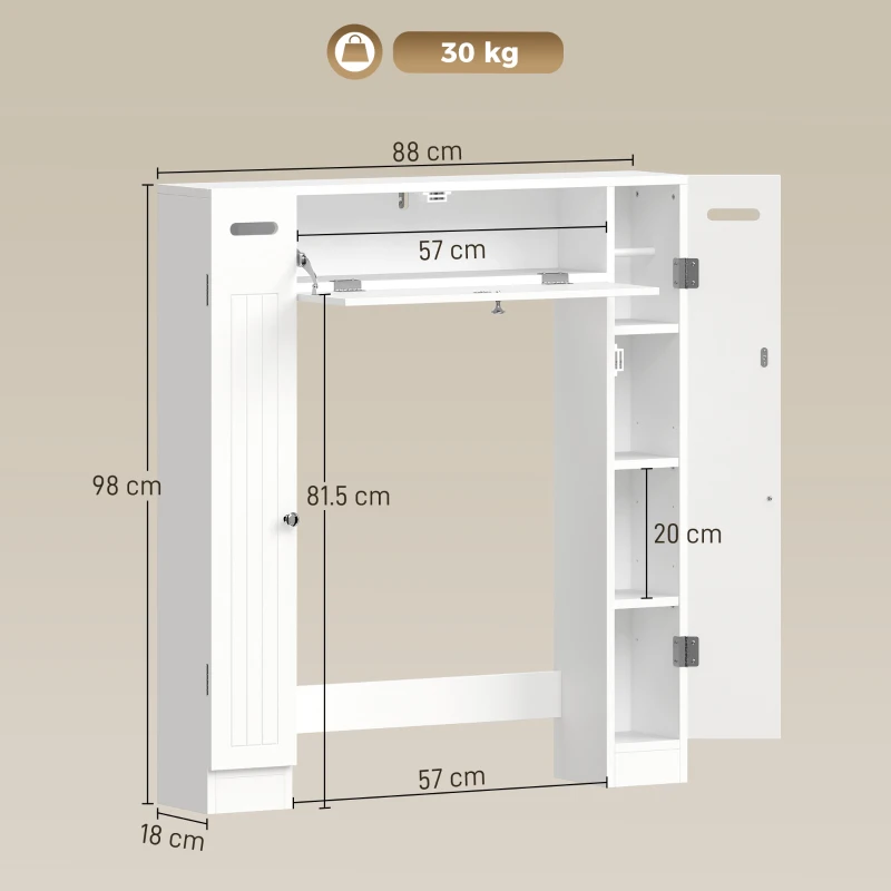 HOMCOM Dulap deasupra toaletei cu 2 dulapuri sertar basculant suport pentru hârtie și rafturi reglabile 88x18x98 cm Alb