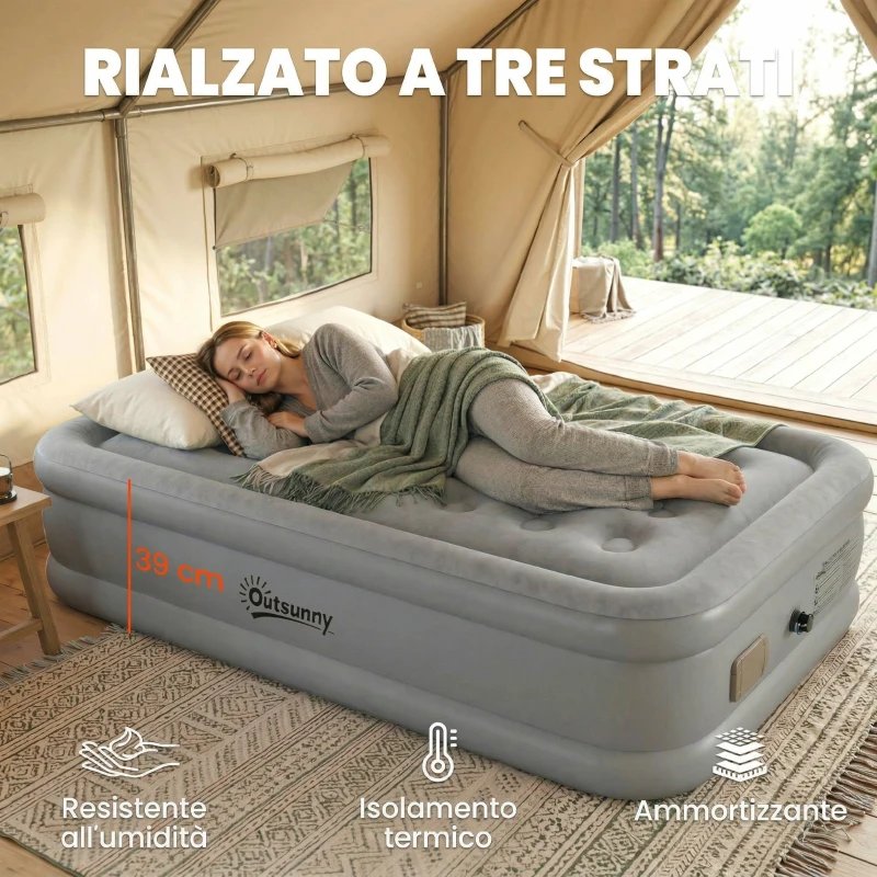Outsunny Materassino Autogonfiante Singolo, Superficie Floccata, con Pompa di Gonfiaggio e Borsa di Trasporto, Grigio