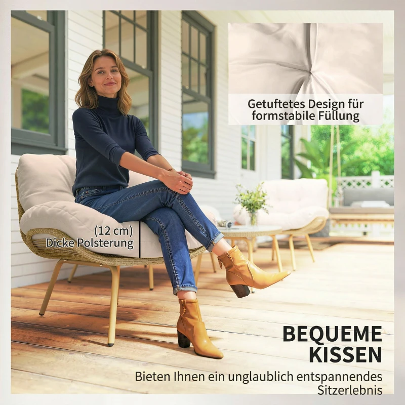 Outsunny Gartenmöbel Set 4-teilig Polyrattan Lounge-Set mit Zweisitzer 2 Sessel Tisch Tiefem Sitz Dicke Kissen
