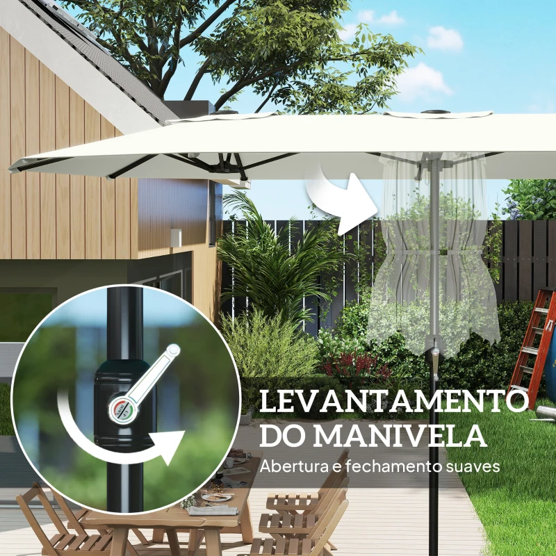 Outsunny Guarda-Sol Duplo de Jardim 4,6x2,6 m com Manivela Manual Proteção UV50+ Capa Resistente à Água Creme