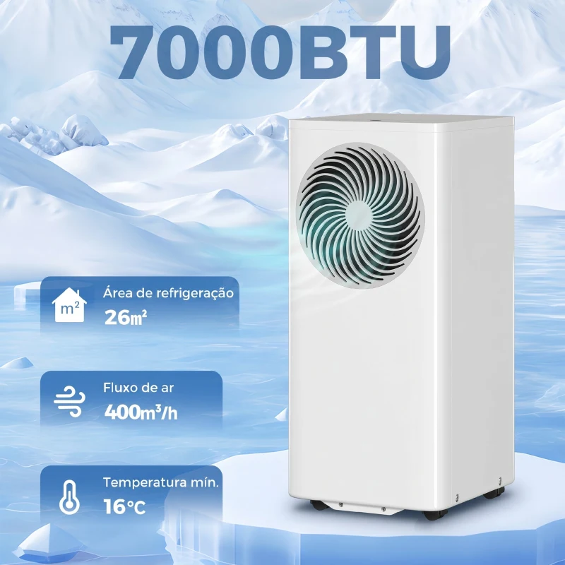 HOMCOM Ar Condicionado Portátil 7000 BTU Baixo Consumo Climatizador Portátil 4 em 1 Arrefecimento Desumidificador Ventoinha Modo Sono Temporizador 24H para 26 m² 31x35x68 cm Branco