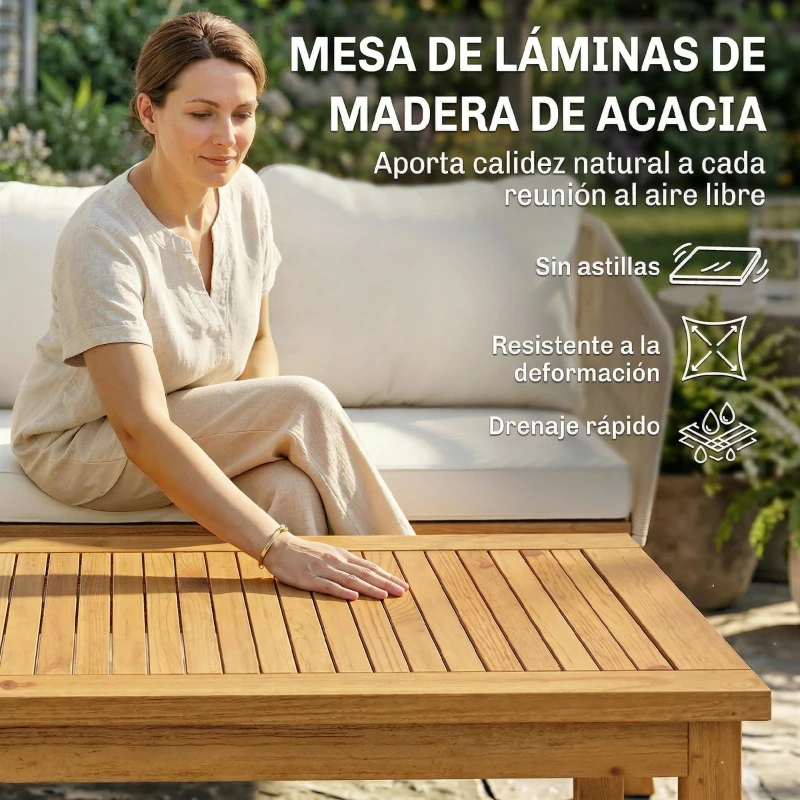Outsunny Conjunto de Jardín Exterior 4 Piezas Sofá 2 Plazas 2 Sillones Cuerda PP Mesa Marco de Acero y Madera Acacia Cojines