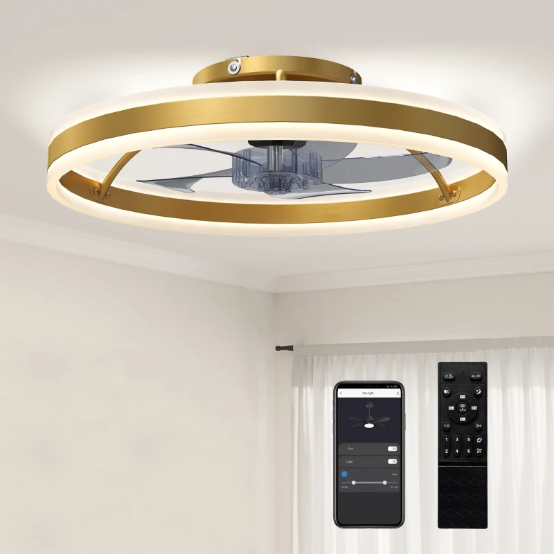 HOMCOM Ceiling Fan with Light and Remote, LED Mount Ceiling Fan with 3 Colour Temperatures, 6 Speed, 50 cm, Gold Tone