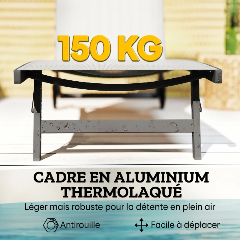 Outsunny Lot de 2 bains de soleil en aluminium et textilène avec roulettes dossier inclinable charge max. 150 Kg crème