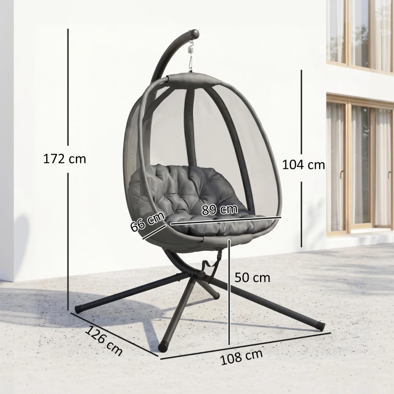 Outsunny Hanging Egg Chair, Folding Texteline Swing Hammock with Side Pocket, Cushion and Stand for Indoor Outdoor, Patio Garden Furniture, Grey