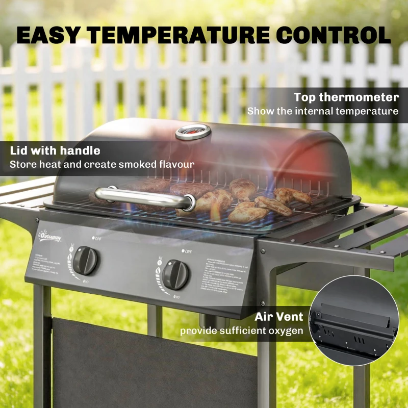 Outsunny Gas Burner Barbecue Grill, 2 Burner Gas Grill with Side Tables, Warming Rack, Shelf, Thermometer, Grease Tray, Black