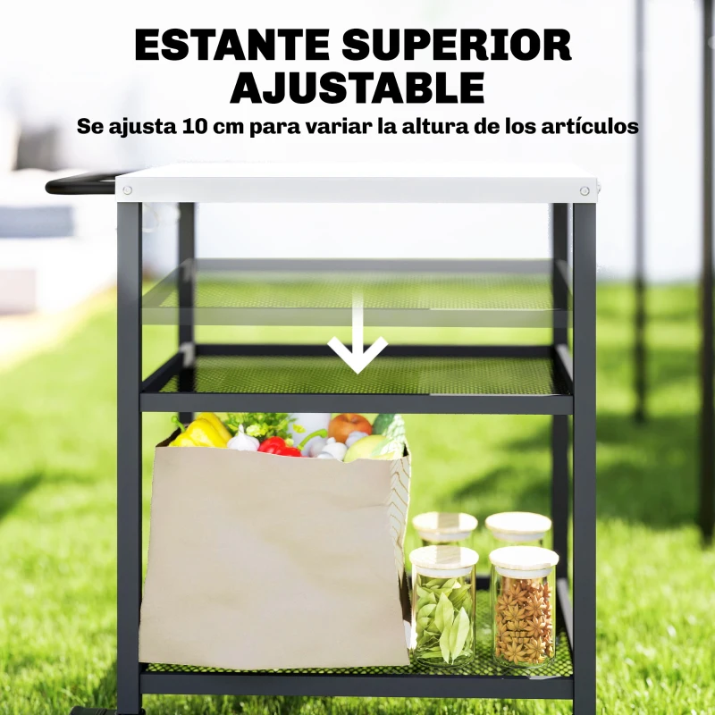 Outsunny Carrito de Barbacoa de 3 Niveles Móvil con Ruedas y Freno Encimera de Acero Inoxidable Estante Ajustable Ganchos Negro