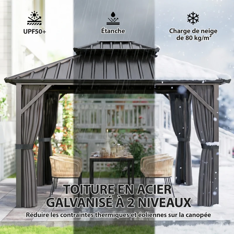 Outsunny Gazebo 3 x 3,6 m à Toit Rigide avec Toit Double en Acier Galvanisé, Structure en Aluminium, Gris Foncé
