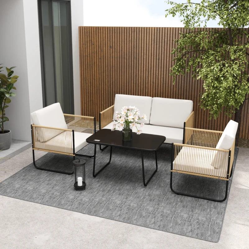 Outsunny Salon de jardin 4 pièces avec canapé 2 places, 2 fauteuils, 1 table basse en verre et coussins – crème blanc