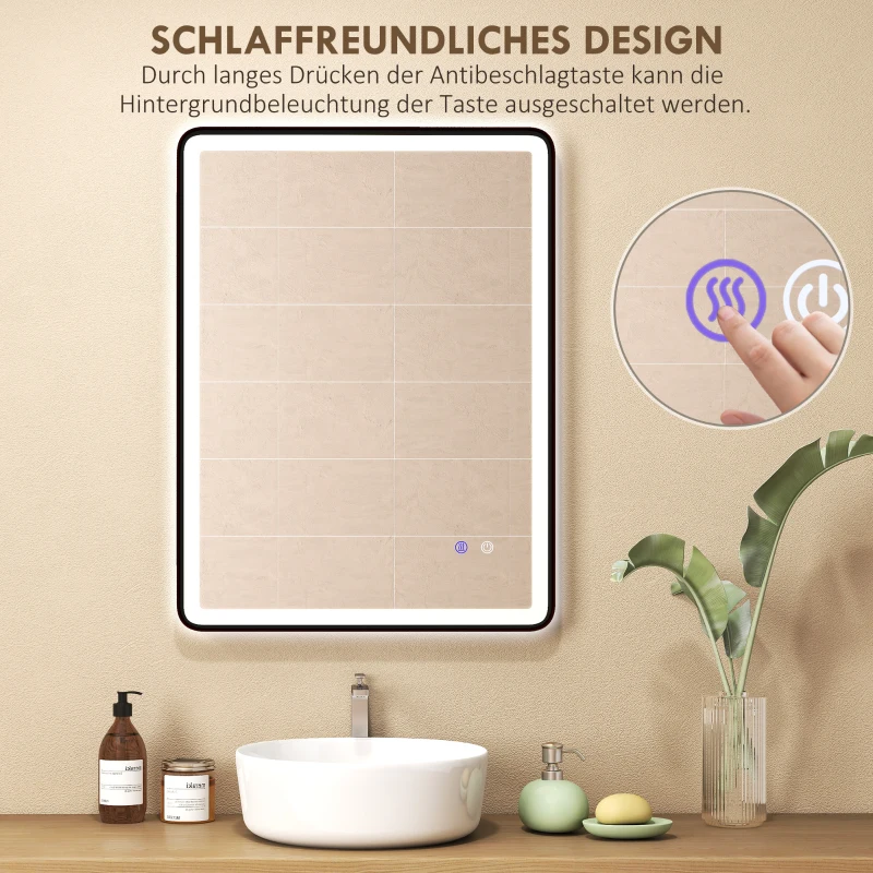 HOMCOM LED-Badezimmerspiegel Anti-Beschlag Dimmbare Schminkspiegel mit Beleuchtung 80 x 60 cm Schwarzer Rahmen