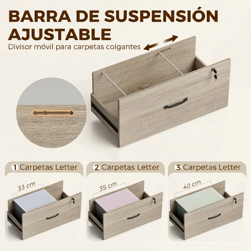 HOMCOM Mueble Archivador con Estantería 2 Cajones Encimera para Impresora Cerradura para A4 Letter Legal Roble