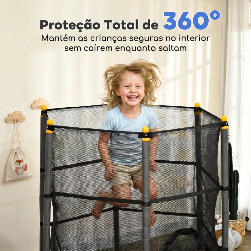 HOMCOM Trampolim para Crianças com Rede de Segurança e Estrutura de Aço para Interiores e Exteriores Carga 50 kg Ø163x190 cm Preto