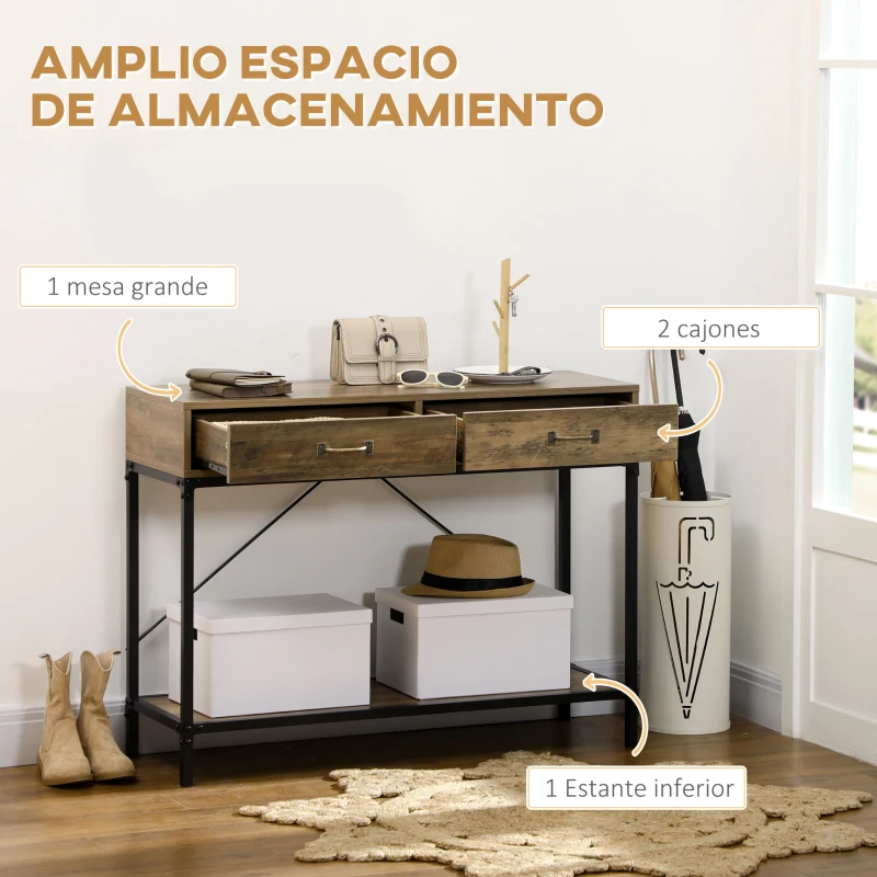 HOMCOM Mesa de Consola Industrial Mesa de Sofá con 2 Cajones y Estante para Recibidor con Patas de Metal Marrón y Negro