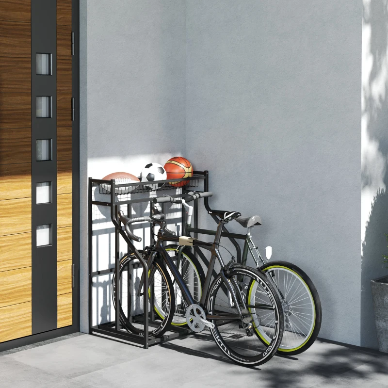 SPORTNOW Support de vélo support de stationnement à 3 vélos avec panier supérieur 4 crochets 90 x 54 x 100 cm noir