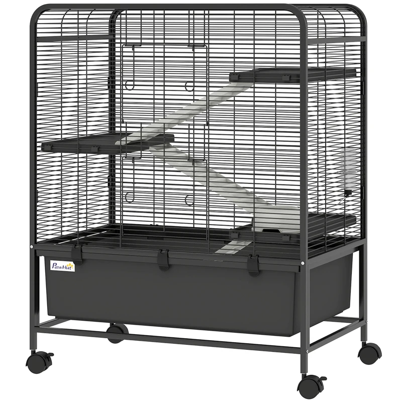 PawHut Cage pour Rongeurs sur Roulantes, 4 Niveaux, 3 Plateformes, 3 Rampes, Bouteille d'Eau, 75x46x94,5cm, Noir