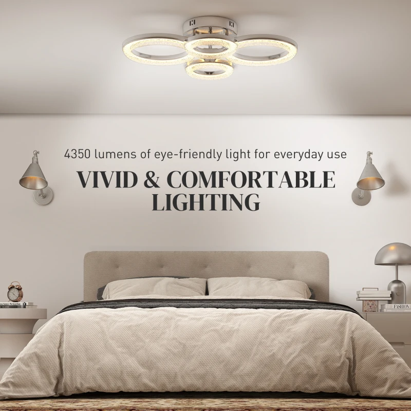 HOMCOM LED Ceiling Light, Modern Dimmable 4 Rings Ceiling Lamp with Wall Switch, 40W 4350lm Flush Mount Ceiling Light with 3500K/4500K/6000K Colour Temperatures for Living Room, Bedroom, Silver Tone