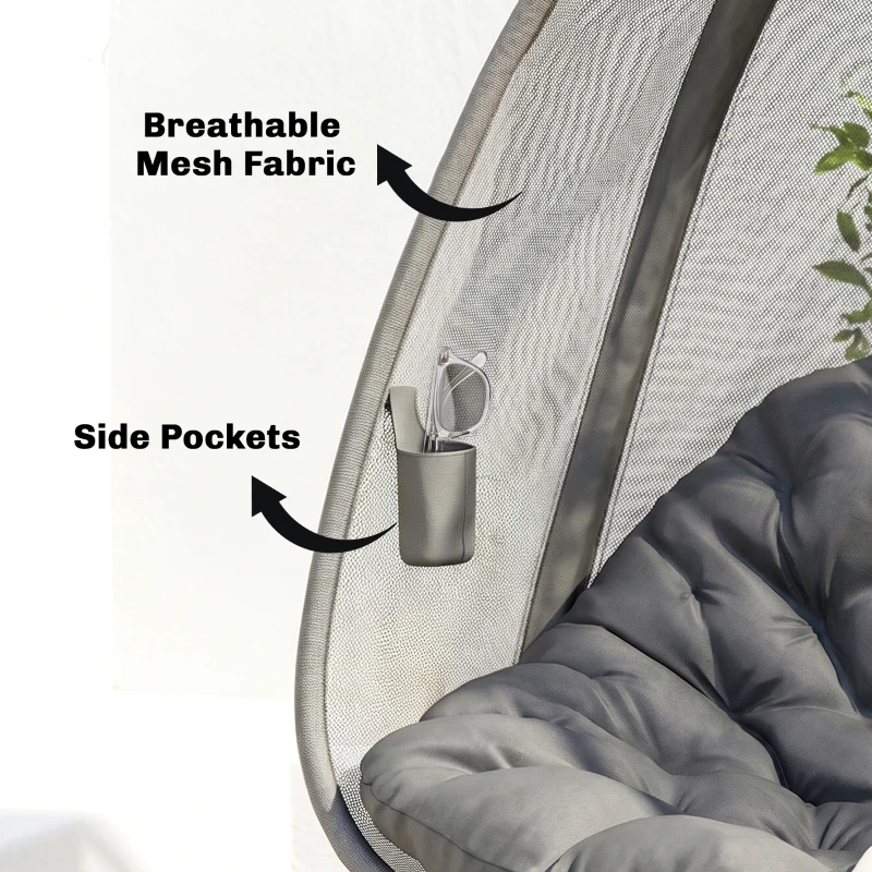 Outsunny Hanging Egg Chair, Folding Texteline Swing Hammock with Side Pocket, Cushion and Stand for Indoor Outdoor, Patio Garden Furniture, Grey