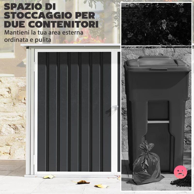 Outsunny Capanno Giardino, Organizer Bidoni Spazzatura Orizzontale, Grigio Scuro