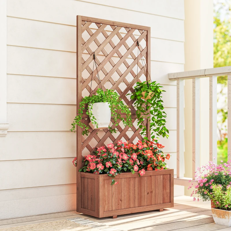 Outsunny Jardinière avec Treillis - bac à Fleurs - jardinière sur Pied - dim. 72,5L x 31,5l x 149,5H cm Inserts d'irrigation Inclus Bois Sapin pré-huilé