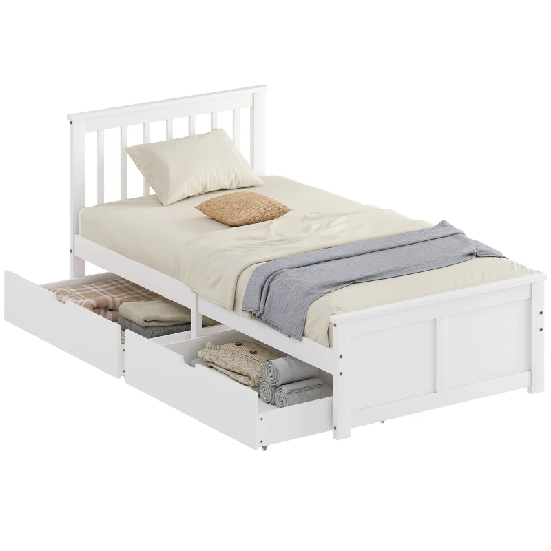 HOMCOM Wooden Single Bed Frame, with Drawers - White