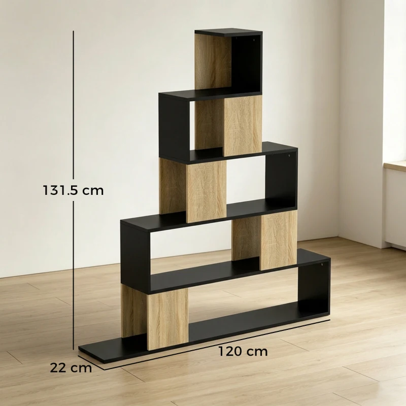 HOMCOM Scaffale Contenitore, Libreria Geometrica a 5 Livelli, per Ufficio, Soggiorno, Camera, Nero e Legno Naturale