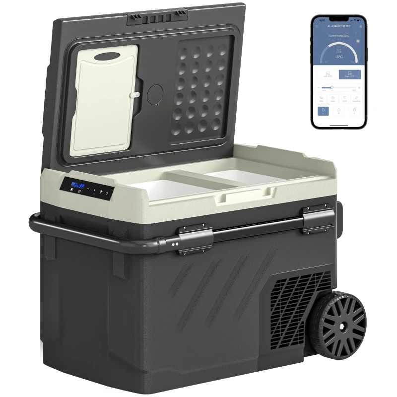 Outsunny 40L Compressor Car Fridge Freezer, Dual Zone Camping Refrigerator with App Control, Telescopic Handle, -20℃-20℃