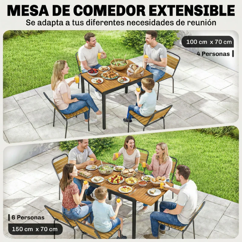Outsunny Mesa de Jardín Extensible 100/150x70 cm de Madera y Metal con Agujero para Sombrilla para 4-6 Personas Teca