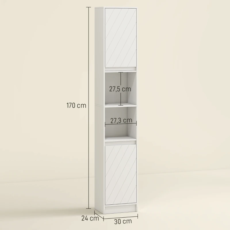 HOMCOM Columna de Baño Estrecha con 2 Puertas y 2 Estantes Abiertos para Espacios Pequeños 30x24x170 cm Blanco