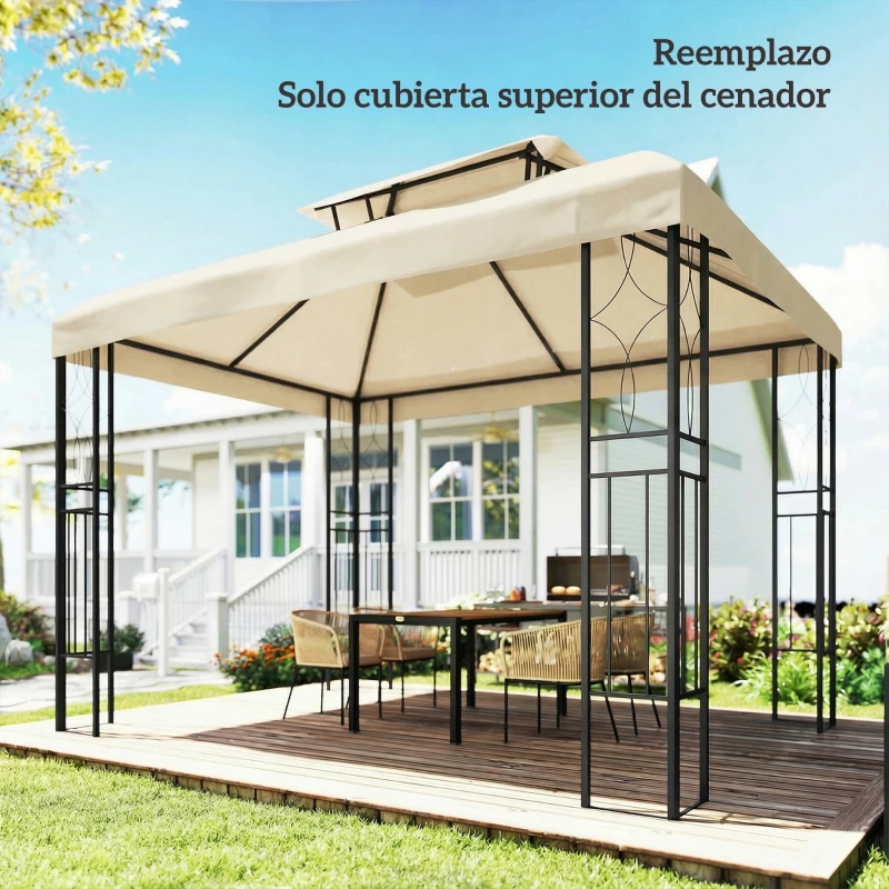 Outsunny Toldo de Recambio 4x3 m con Techo Doble Orificios de Drenaje y Protección UV Solo Toldo NO Incluye Marco Blanco Crema