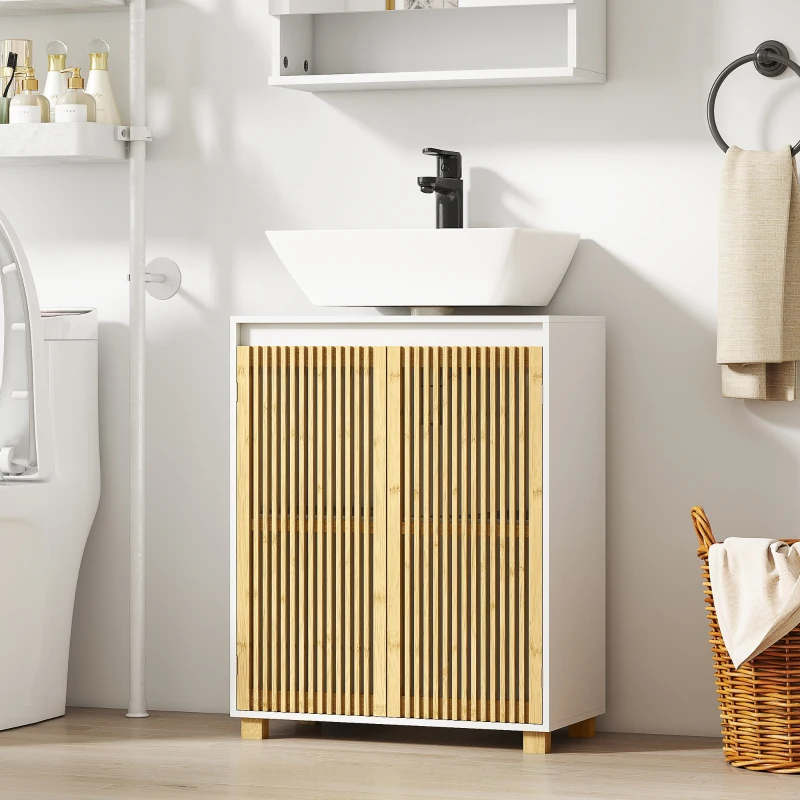 HOMCOM Meuble sous lavabo salle de bain - placard à portes à lattes en bambou, 60 x 30 x 75 cm, effet bois naturel