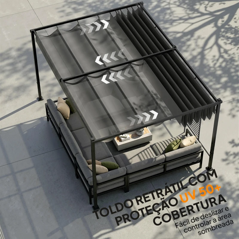 Outsunny Pérgola de Jardim 4x3 m com Teto Retrátil e 2 Painéis de Privacidade UPF50+ Pérgola para Exterior Cinzento