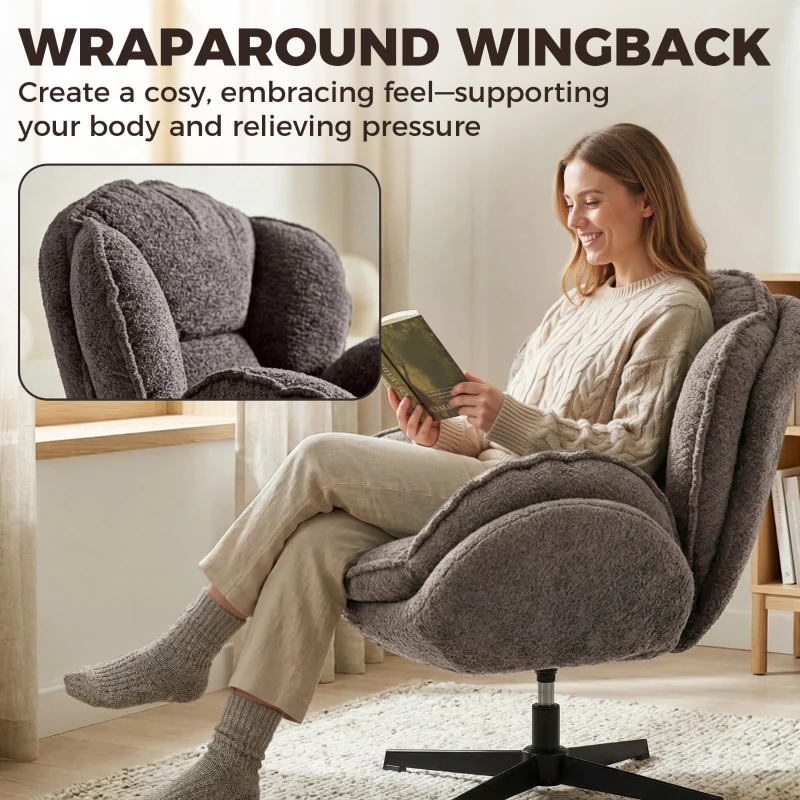 HOMCOM Modern Wingback Accent Chair, Velvet Armchair with Four-Star Base, S-Springs, Swivel, Grey