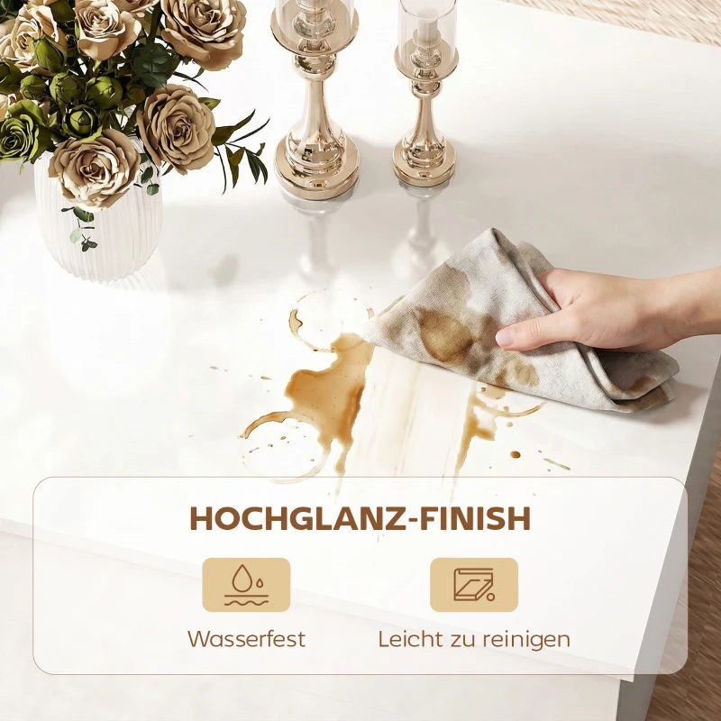 HOMCOM Couchtisch Höhenverstellbar, Moderner Wohnzimmertisch mit verstecktem Stauraum und 2 Schubladen, Hochglanz Weiß