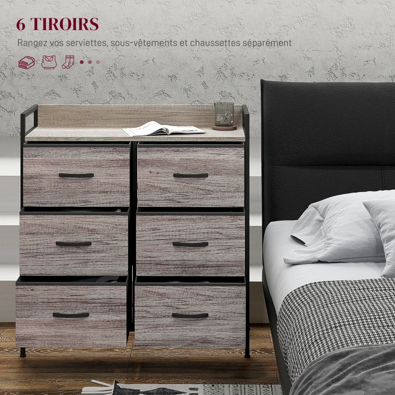 HOMCOM Commode, meuble de rangement pour chambre à 6 tiroirs tissu non tissé, cadre en acier, 79 x 29 x 85 cm, effet bois gris