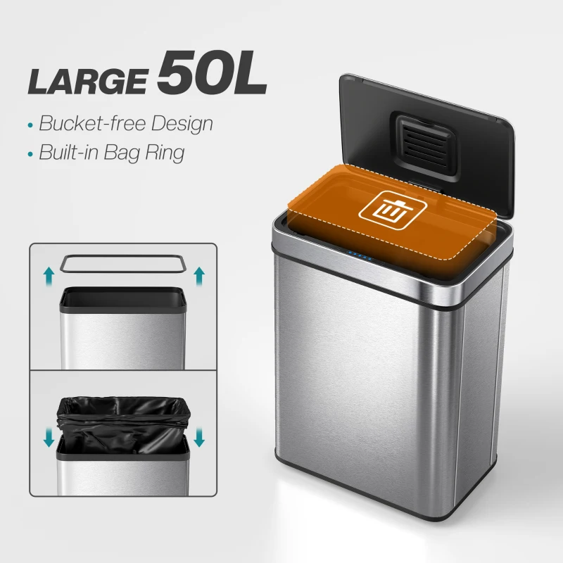 HOMCOM 50 L Sensor Can,  Sensor Bin with Soft-Close Lid, Fingerprint-Proof Stainless Steel, Silver Tone