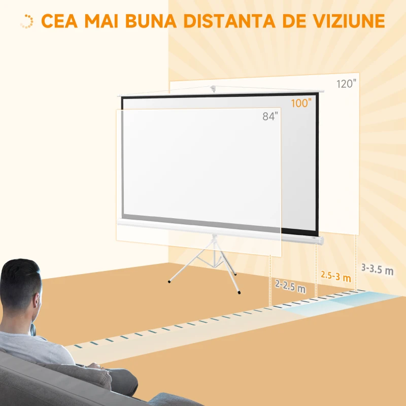 HOMCOM Ecran Proiector Pliabil de 100" Format 16:9 cu Trepied Reglabil, 235,8x8x136 cm, Alb