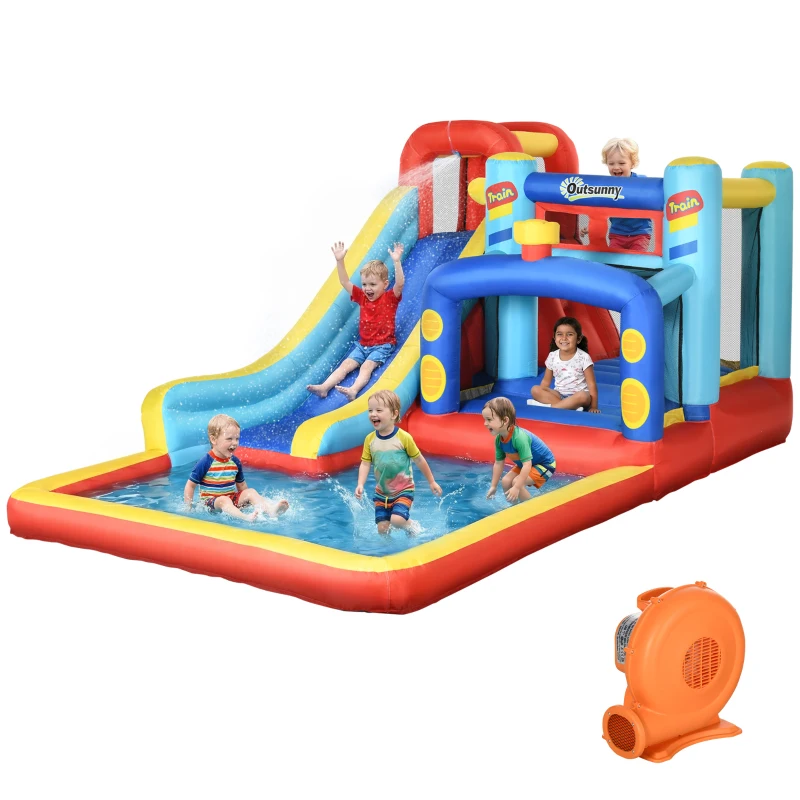 Outsunny Castillo Inflable de 3-8 Años con Soplador Tobogán Trampolín Piscina Bolsa de Transporte 435x245x200 cm Multicolor