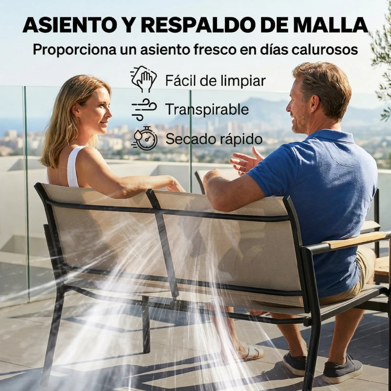 Outsunny Conjunto Jardín Exterior con Sofá de 2 Plazas 2 Sillones Mesa con Superficie Metálica Asientos Transpirables Crema