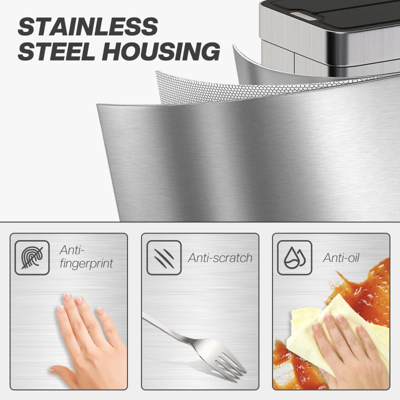 HOMCOM 55L Sensor Bin, Large Automatic Touchless Rubbish Bin with Soft-Close Lid, Silver Tone