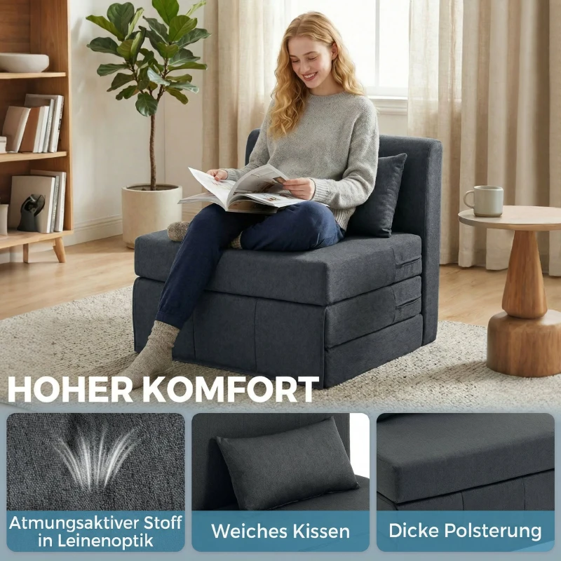 HOMCOM 2-in-1 Schlafsessel Klappbares Sofa-Bett mit Leinenstruktur, Gepolstertes Gästebett Klappstuhl, Dunkelgrau