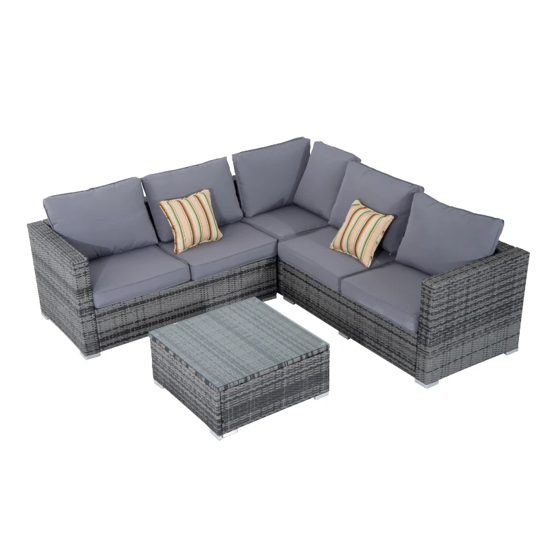 Outsunny 4 Pieces Rattan Garden Furniture Set, Wicker Outdoor Furniture Set with Corner Sofa Loveseat Coffee Table Cushions, Conservatory Furniture Set for Patio Balcony Poolside, Grey