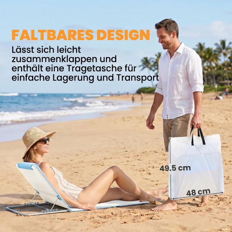 Outsunny Strandliege Sonnenliege Gartenliege, klappbar, verstellbare Rücklehne, Seitentasche, 48 cm x 134 cm x 33-43 cm, Beige