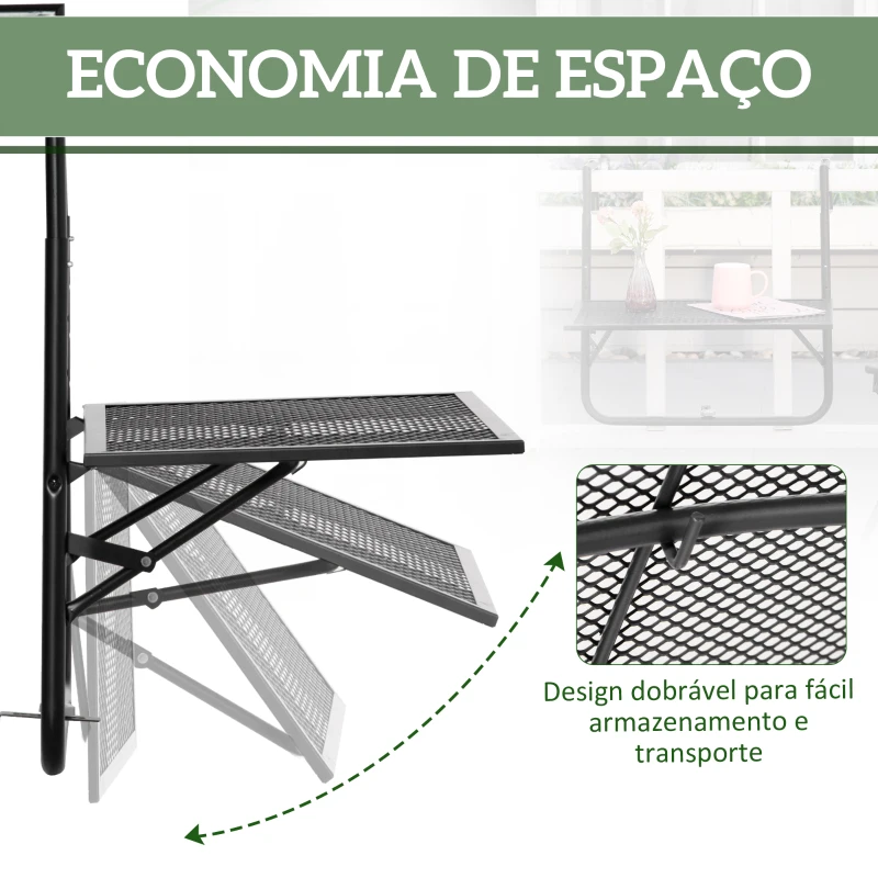 Outsunny Mesa Suspensa para Varanda Dobrável de Metal com Altura Ajustável em 4 Níveis Carga 10 kg 60x60x57-72 cm Preto