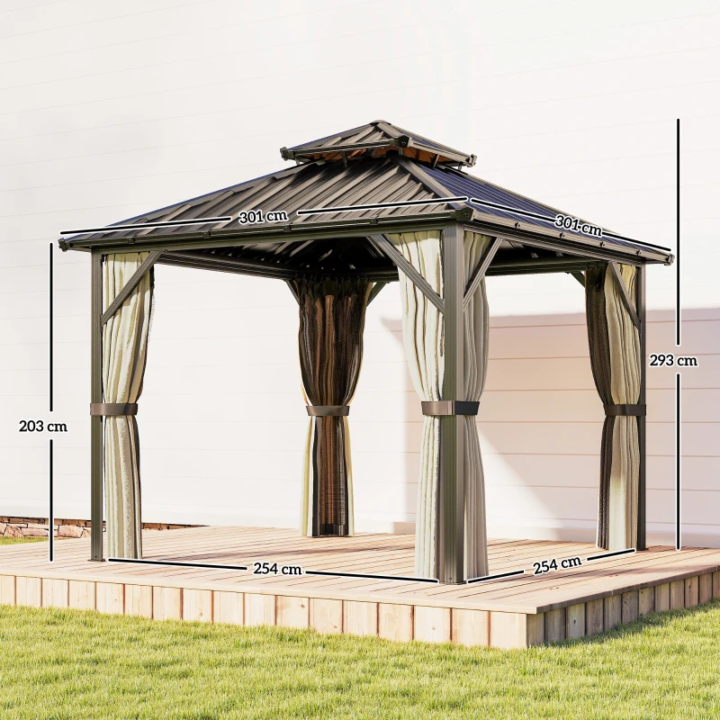 Outsunny 3x3 m Hardtop Gazebo Canopy with UPF50+ Double Galvanised Steel Roof, Aluminium Garden Gazebo Permanent Pavilion, Brown