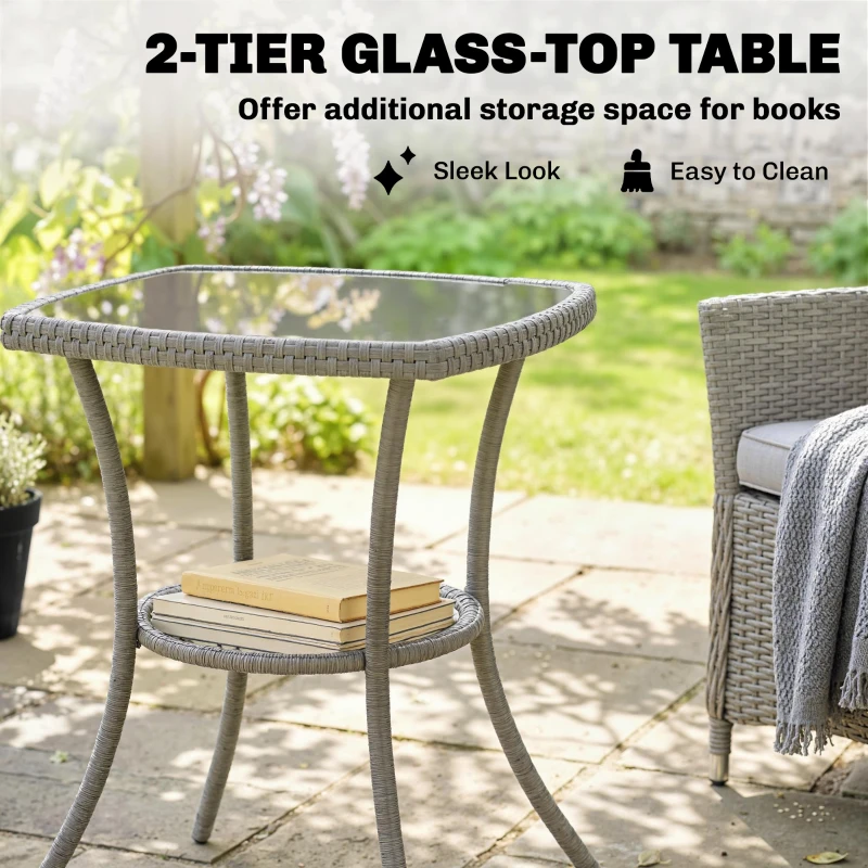 Outsunny 3 Piece Rattan Bistro Set, PE Wicker Garden Furniture Conversation Set with 2 Tier Glass-Top Table, Chairs, Dark Grey
