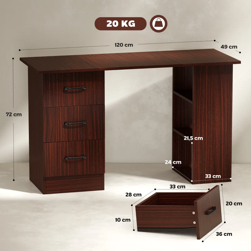 HOMCOM Bureau d'ordinateur réversible, table informatique avec 3 tiroirs et 3 étagères ouvertes, 120 x 49 x 72 cm, noyer