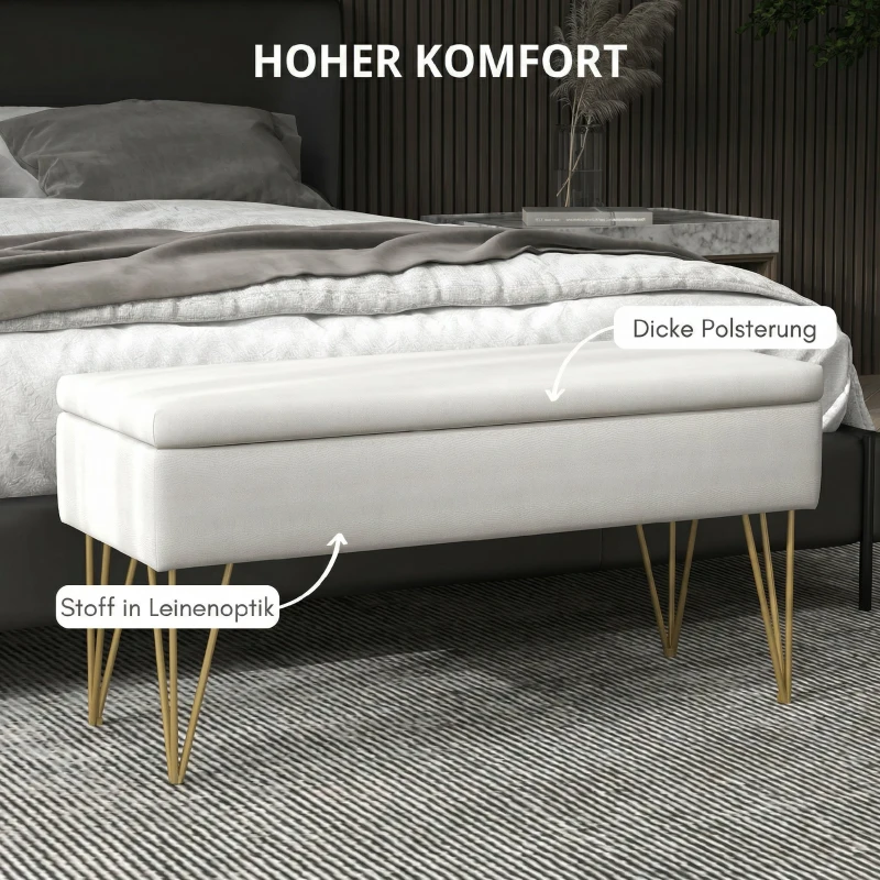 HOMCOM Banco Pie de Cama Tapizado en Lino Sintético con Patas de Acero y Asiento Acolchado Crema