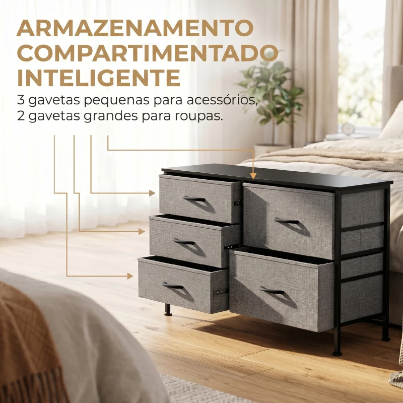 HOMCOM Cómoda com 5 Gavetas de Tecido com Estrutura de Aço Para Sala Escritório Preto e Cinzento Escuro