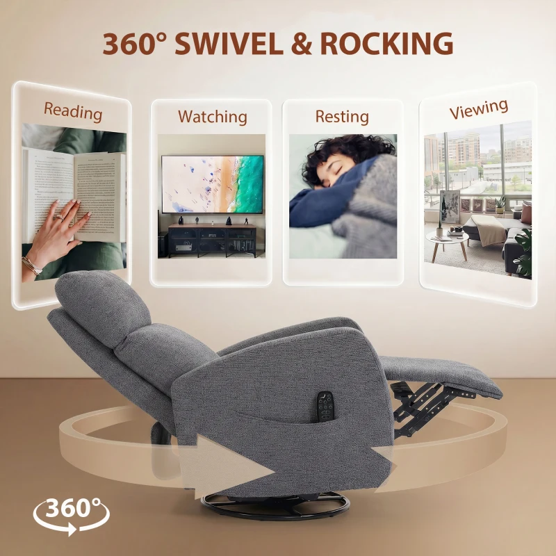 HOMCOM Relaxsessel Drehbarer Fernsehsessel mit Wärme und Vibrationsmassage, Liegefunktion, Wippfunktion Dunkelgrau